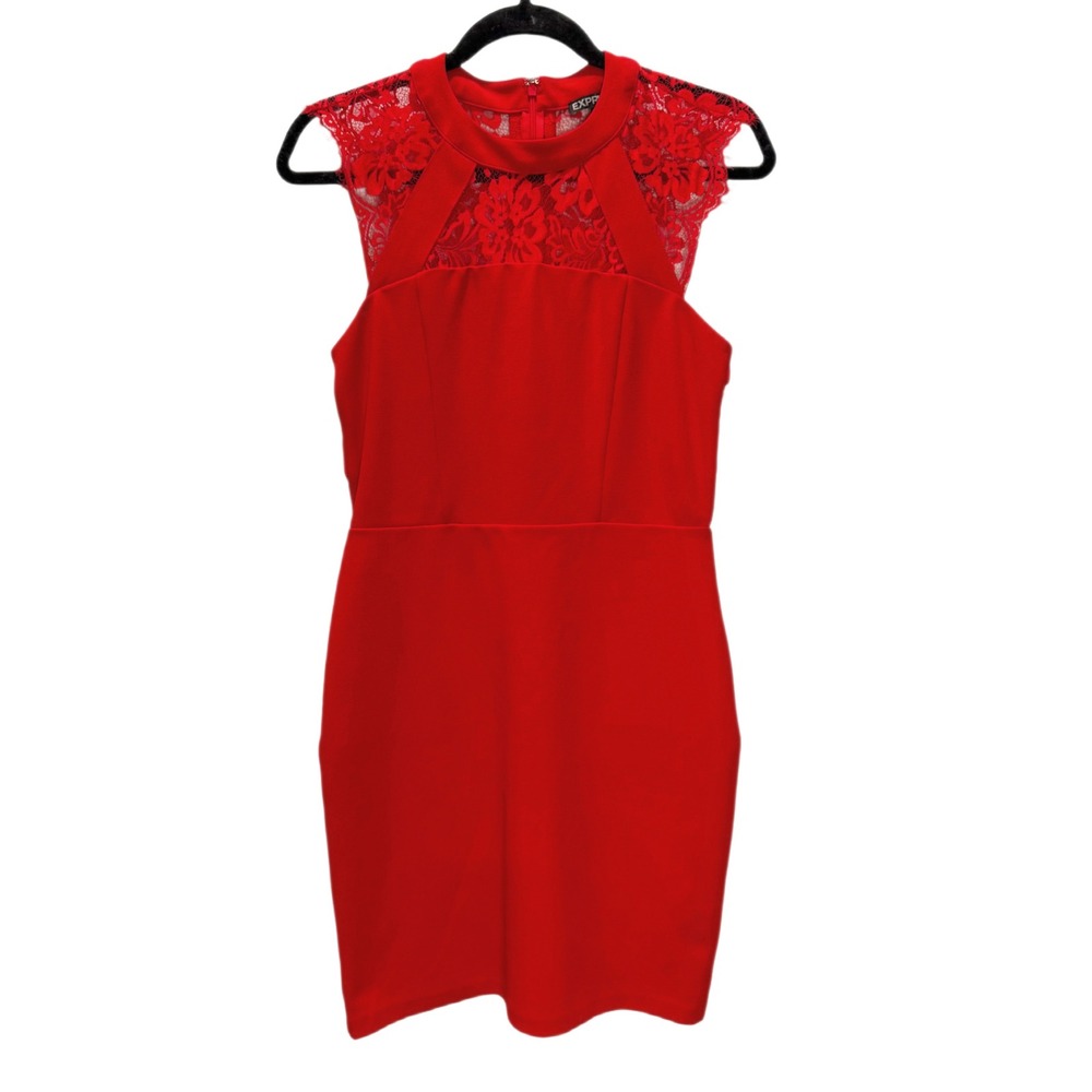 Express Red Fitted Midi Dress Lace Detail Sz 8 dressy business classic